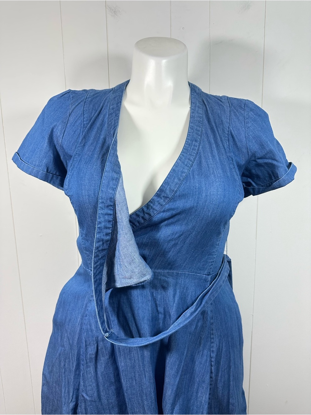 Boden Sz 8R Denim Fit & Flare Faux Wrap Cotton Dress Women’s Blue Short Sleeve - Picture 4 of 15